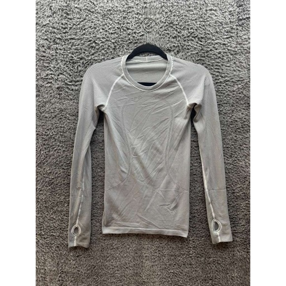 Lululemon Striped  Swiftly Tech Long Sleeve Crew Neck Shirt White Womens Size 4 - Picture 1 of 11